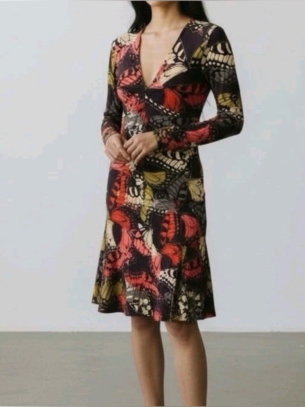 Cabi Butterly Long-Sleeve V-Neck Dress Medium